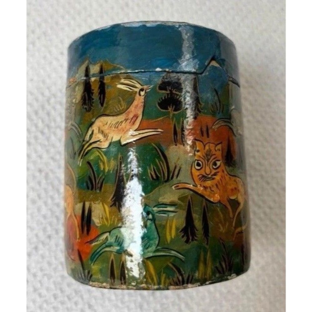 Kashmir Hand Painted Papier-Mâché Animal Motif Round Box  Multicolor Lid 4*3.5